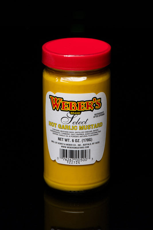 Weber's Brand Hot Garlic Mustard. Net WT. 6 OZ. (170G).