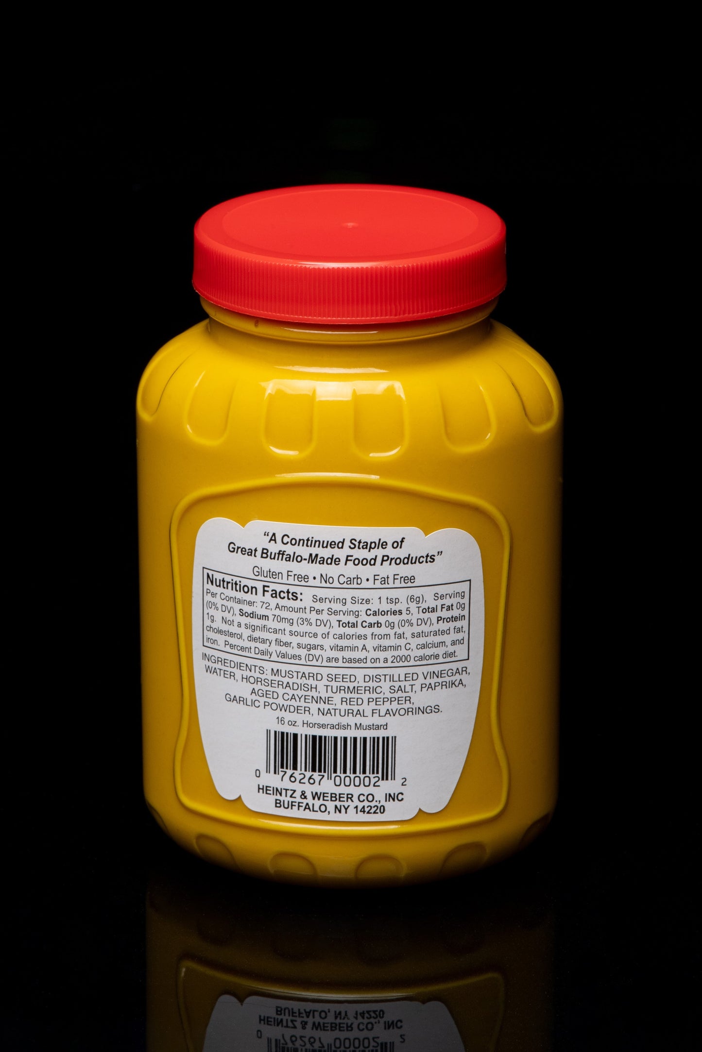 Rear-facing photo of Weber's Brand Horseradish Mustard.