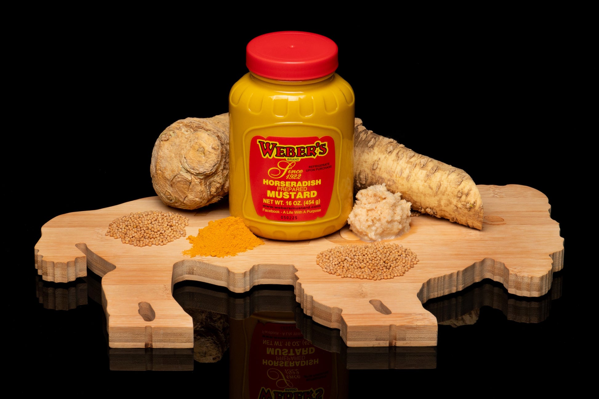 Cutting board photo of Weber's Brand Horseradish Mustard.