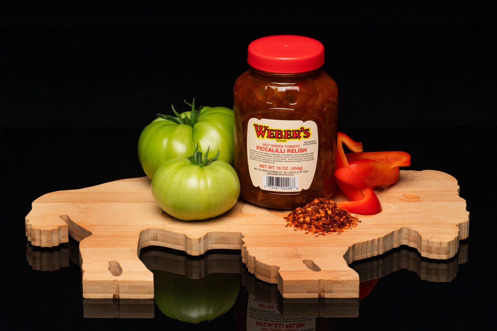 Cutting board photo of Weber's Brand Hot Green Tomato Piccalilli Relish.