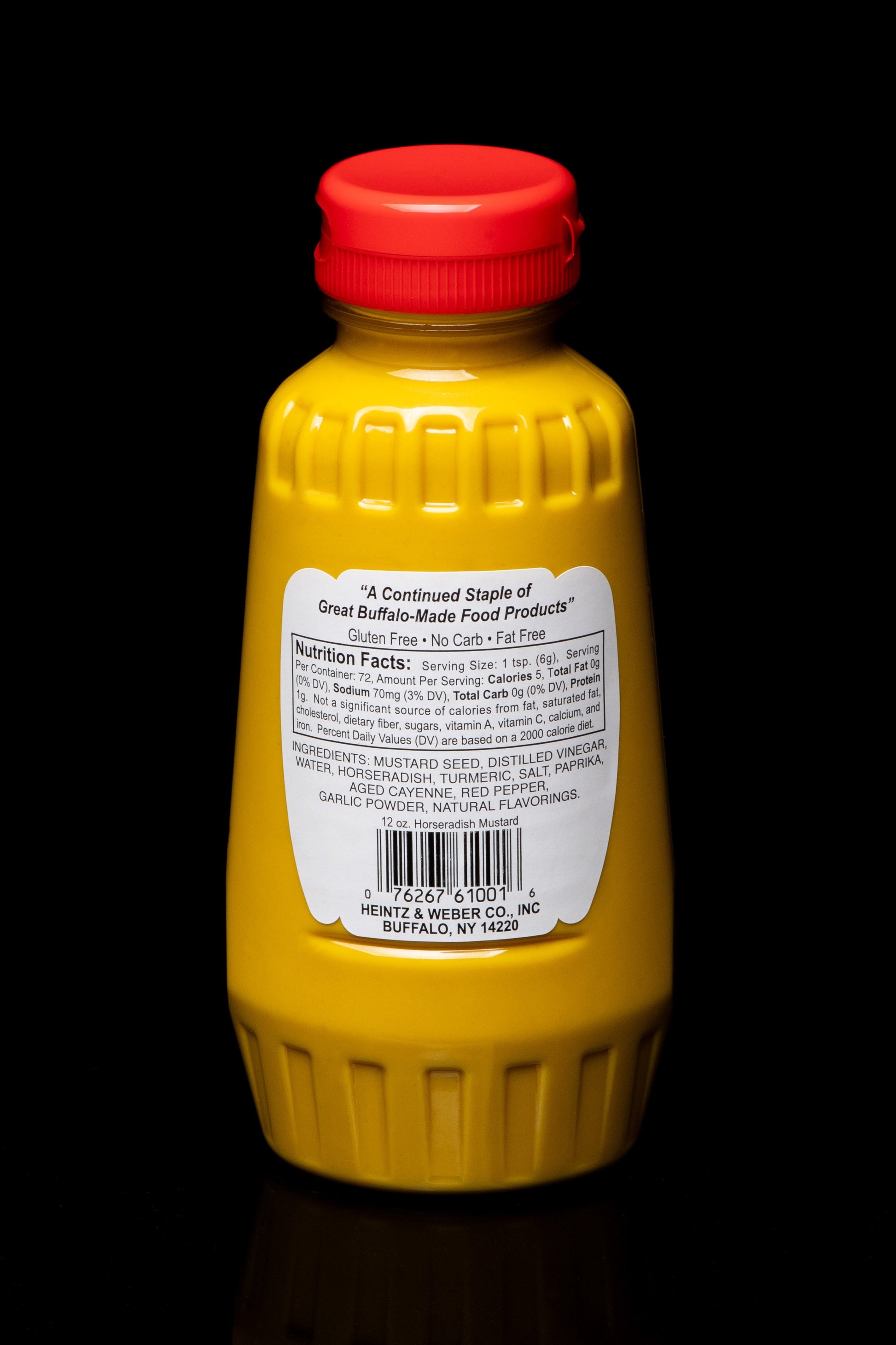 Rear-facing photo of Weber's Brand Squeeze Horseradish Mustard.